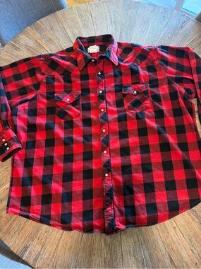 Vintage Wrangler Wrancher Red Black Buffalo Plaid Cotton Flannel Pearl Snap 3XL